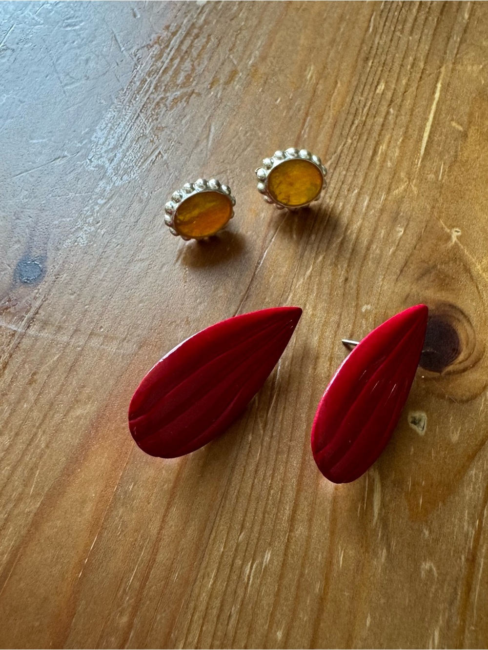 Vintage Earring Lot Retro Red Acrylic Tear Drops & Amber Glass Studs